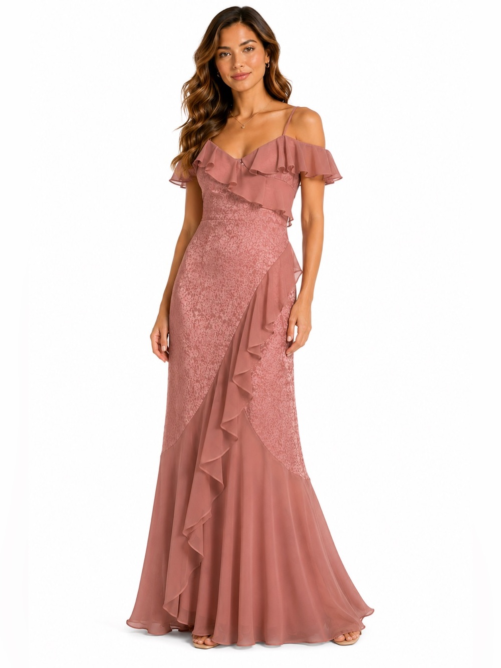 NWT En Saison Size Large Ruffled Off-Shoulder Maxi Dress in Dusty Rose